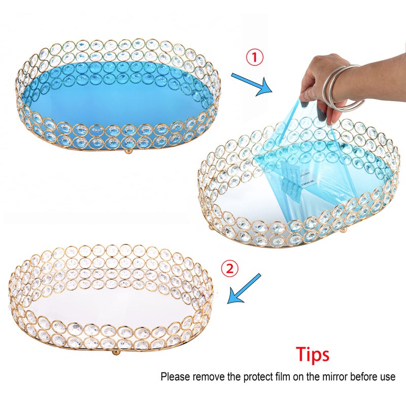 Feyarl Crystal Perfume Tray Vanity Makeup Organizer Ornate Jewelry Trinket Cosmetic Tools Decorative Skin Care Storage for Home Deco Dresser Bathroom Countertop (Oval 12" x 9") (Gold) - Image 3